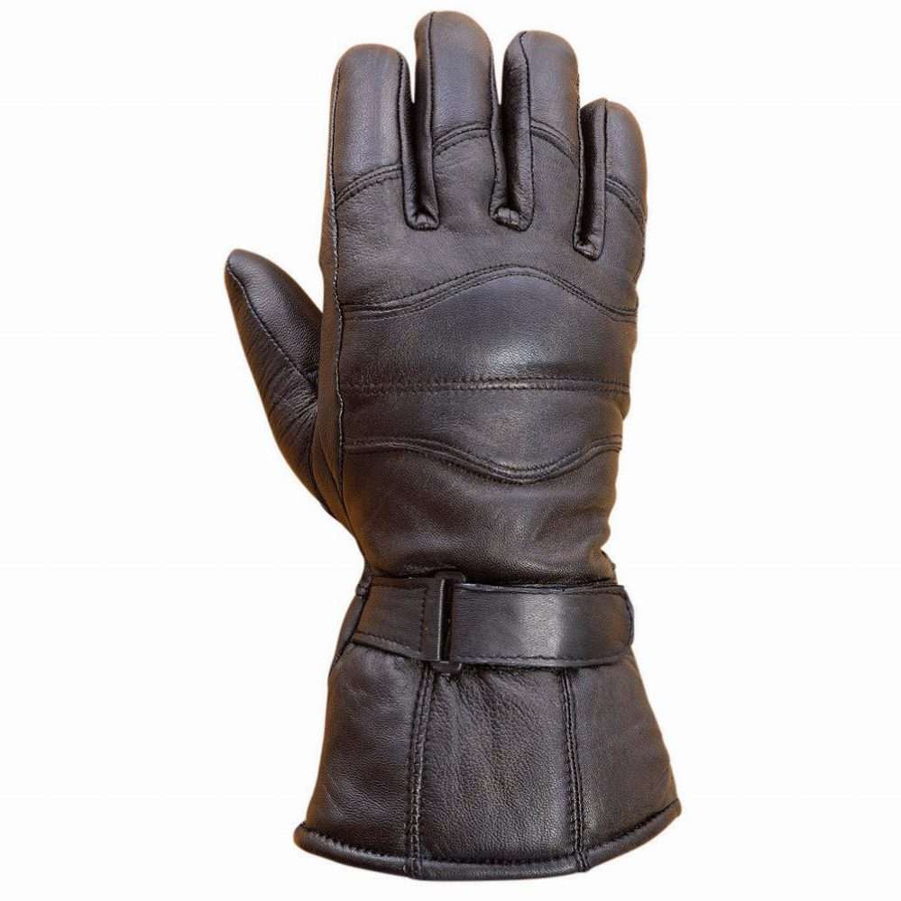 Front view of black sheep leather motorcycle gloves featuring double stitching and a cuff strap