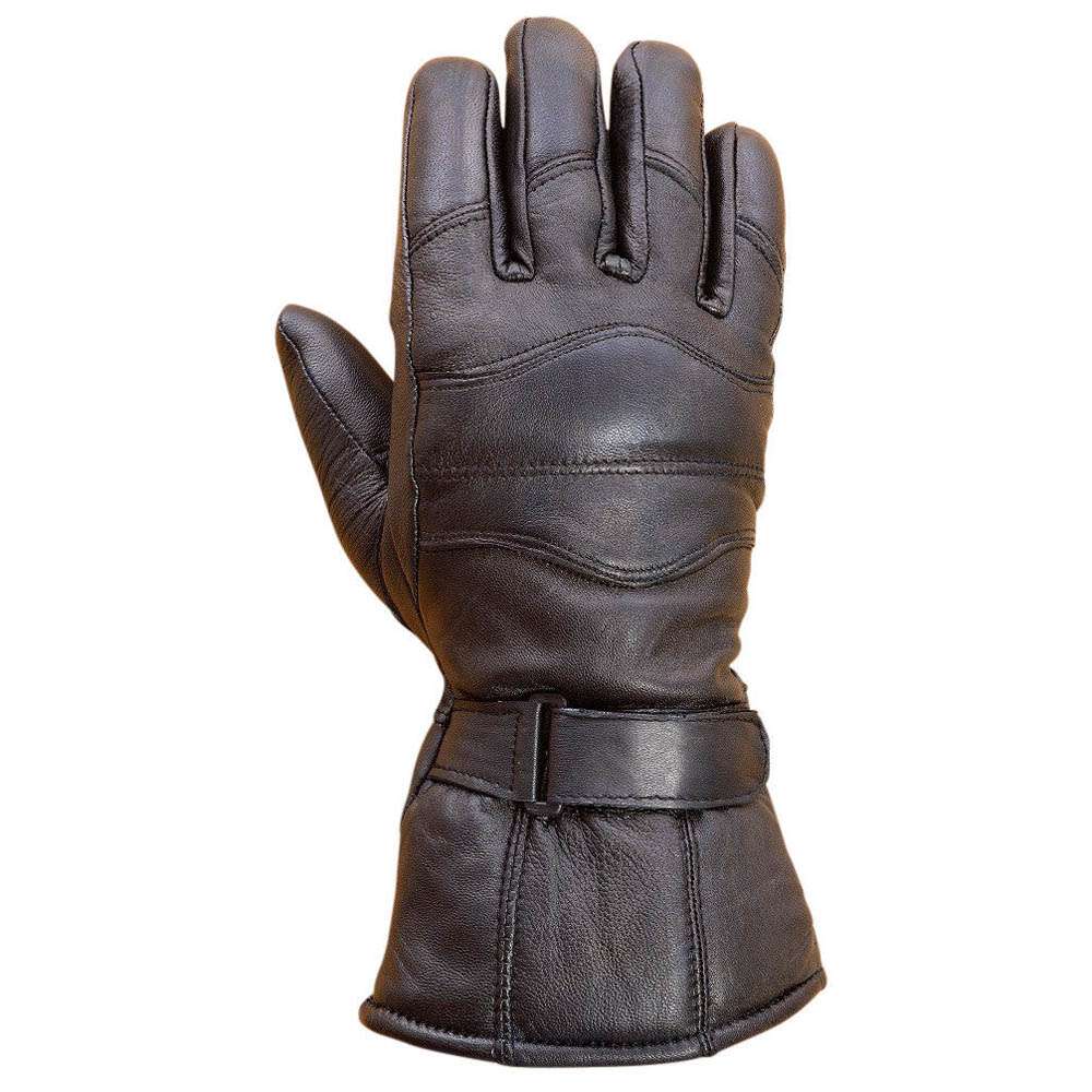Front view of black sheep leather motorcycle gloves with double stitching and a wrist strap