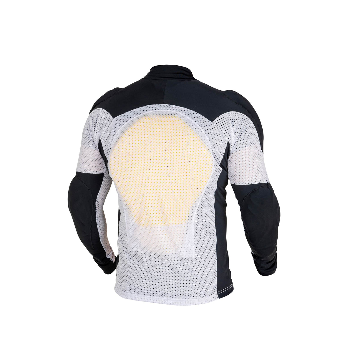 Rear view of a black and white CE Level 2 mesh motorcycle riding shirt showing back protector