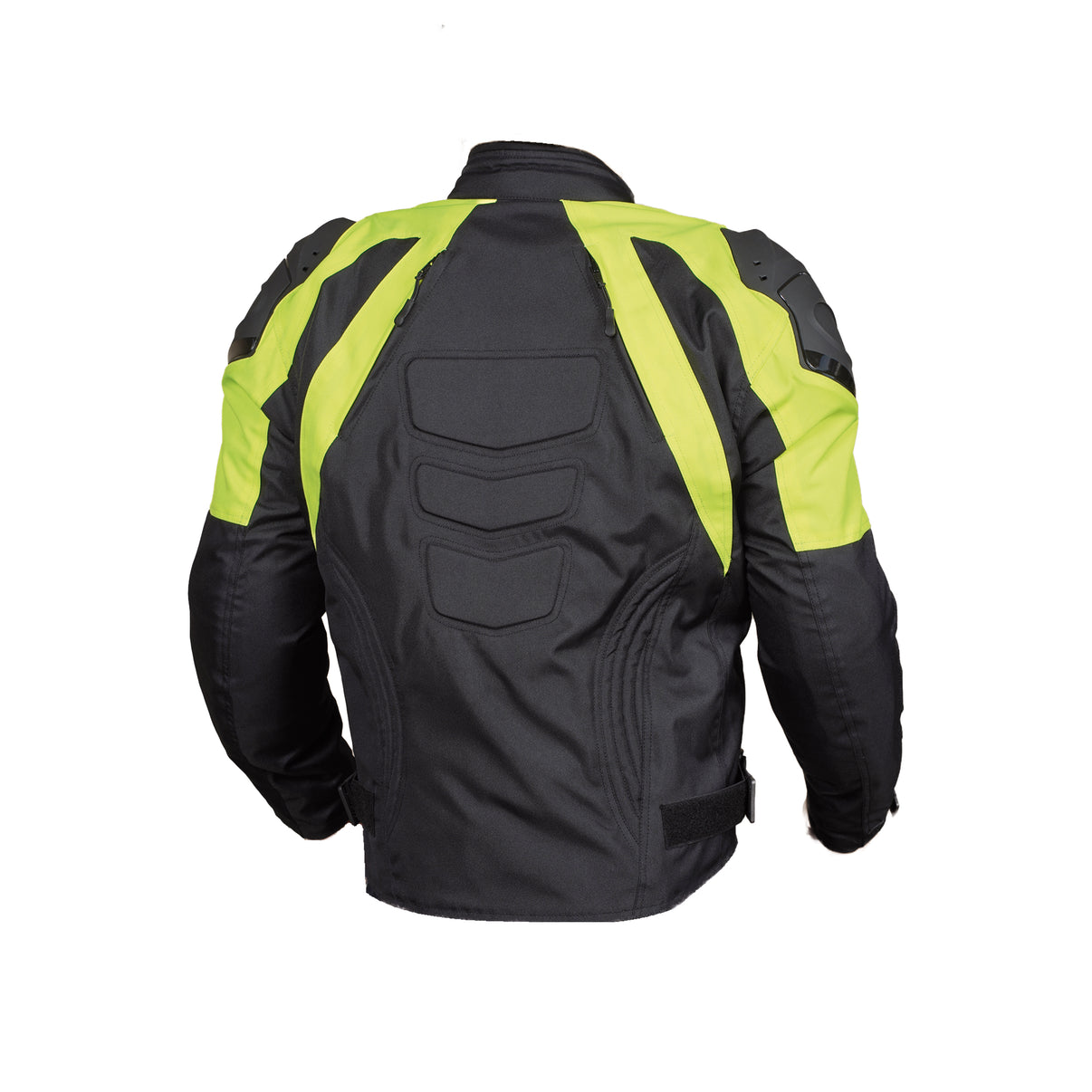 Back view of a black and yellow waterproof CE armor 600D textile motorcycle jacket