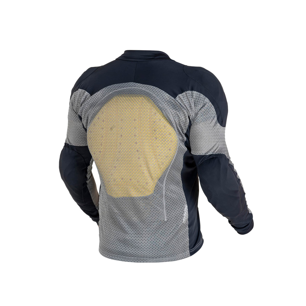 Back view of a black and gray mesh motorcycle riding shirt showing removable CE Level 2 armor