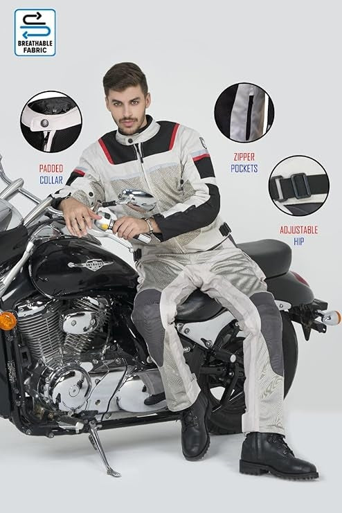 A model wears a Sahara sand mesh motorcycle jacket featuring YKK zippers, mesh panels, and CE Level 2 armor