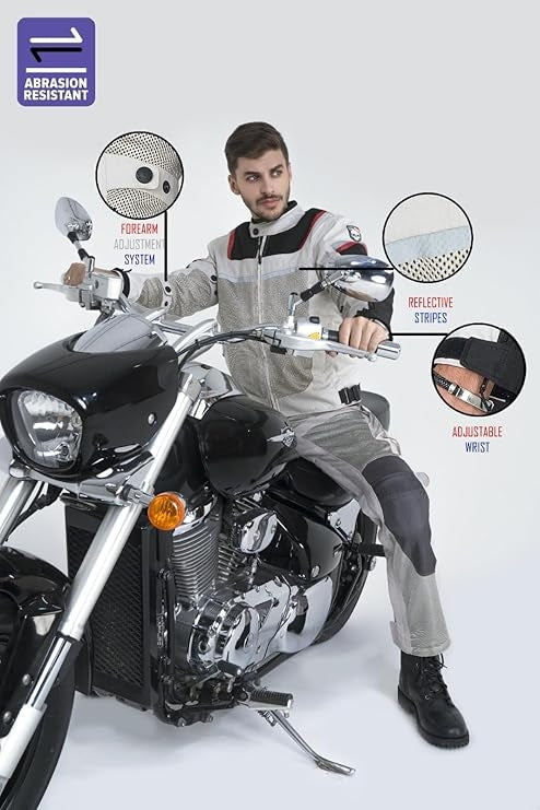 A model sits on a motorcycle wearing the sand mesh motorcycle jacket with YKK zippers