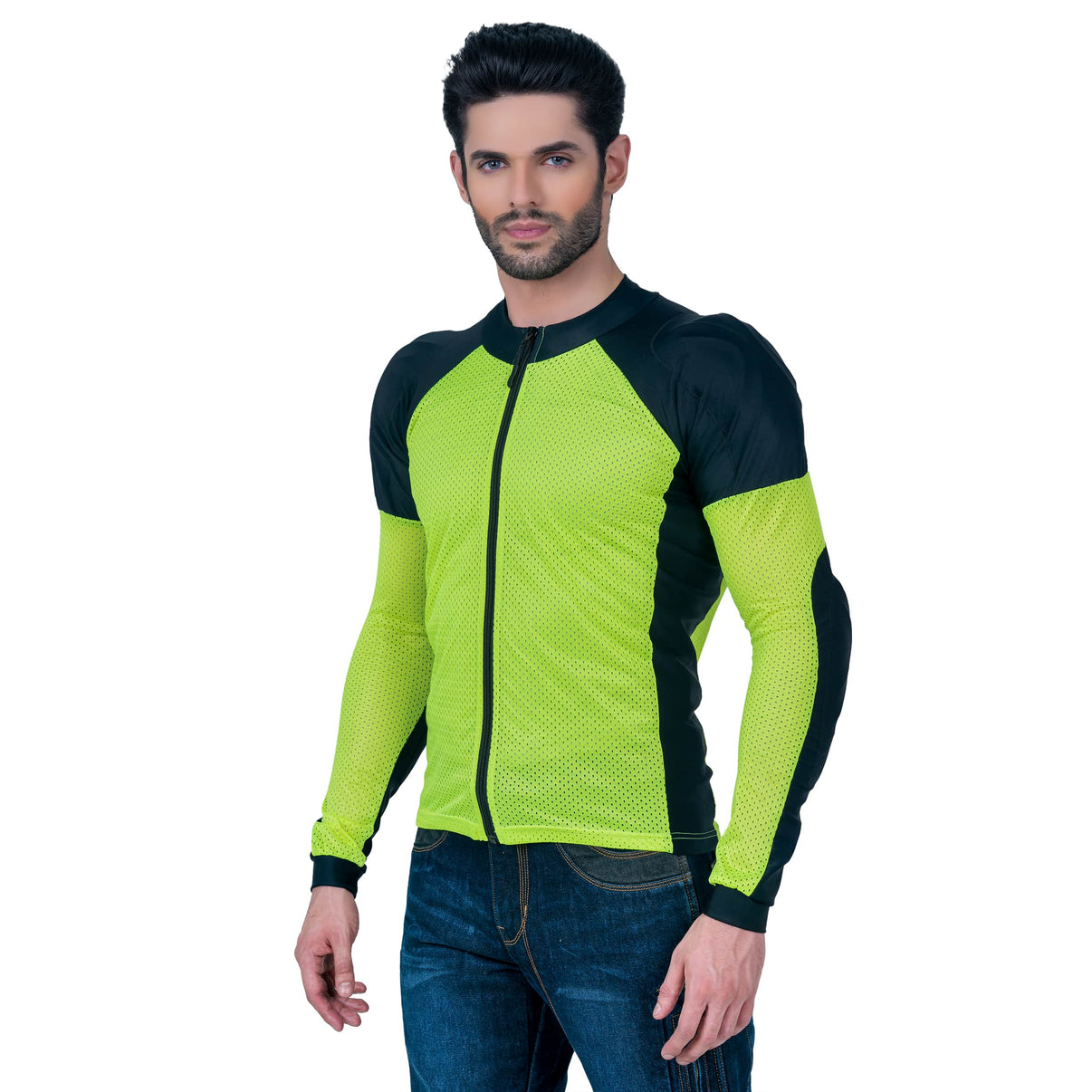 A model wears a black and green mesh motorcycle riding shirt with a full-length front zip