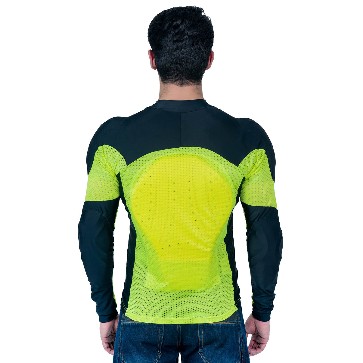 Model worn back view of a black and yellow mesh motorcycle riding shirt with CE Level 2 armor