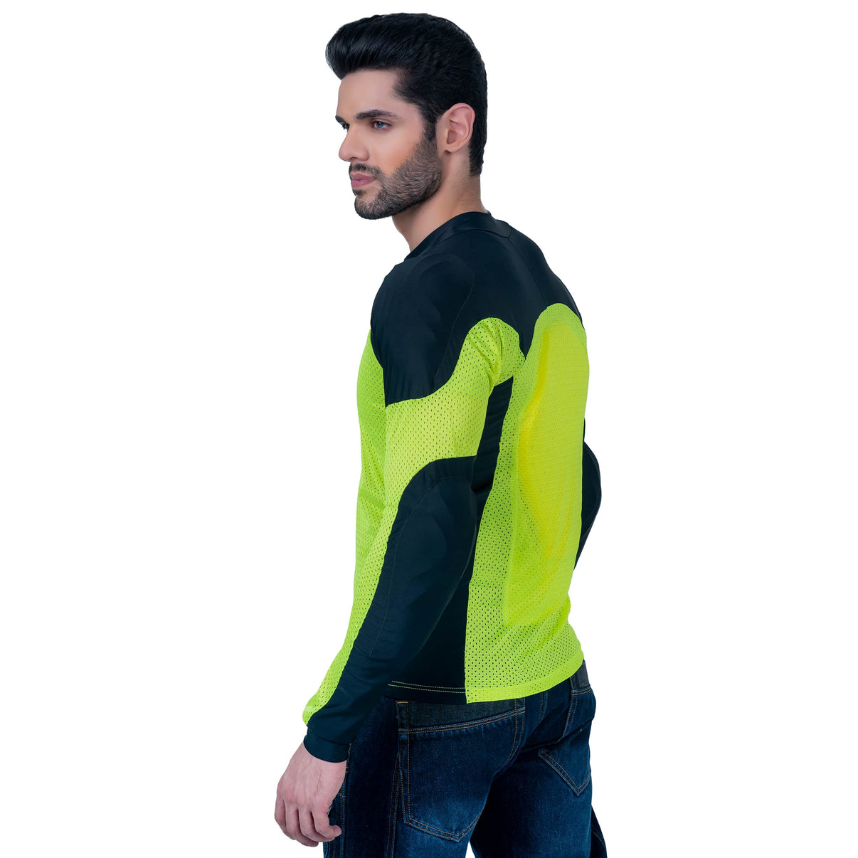 A model wears a black and yellow CE Level 2 mesh motorcycle riding shirt with mesh panels