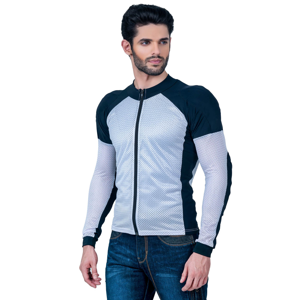 A male model wears a black and white mesh motorcycle riding shirt with a full-length front zip