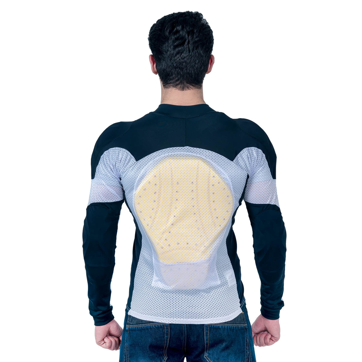 A model wears a black and white mesh motorcycle riding shirt, shown from the back