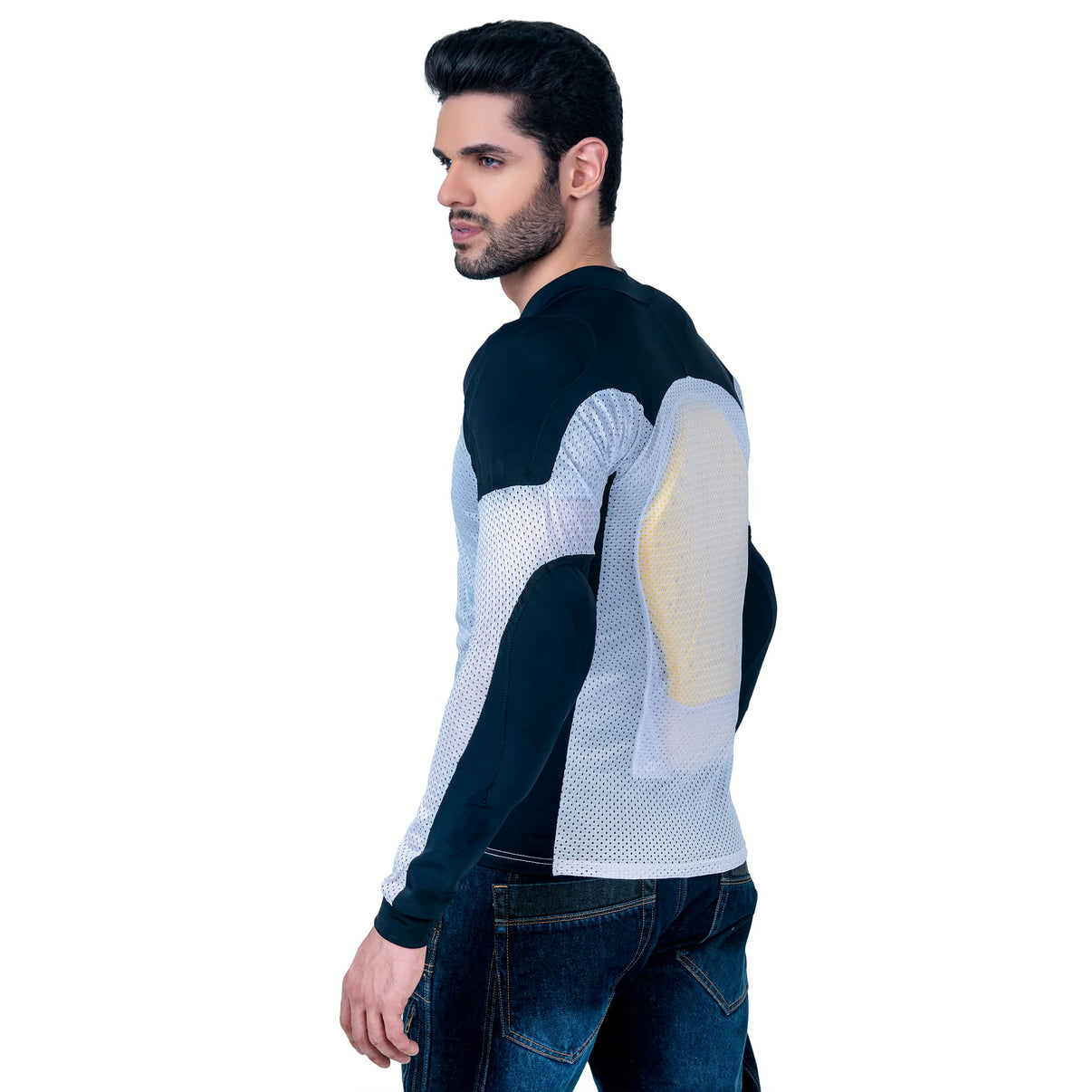 A male model wears a black and white mesh motorcycle riding shirt with a back protector
