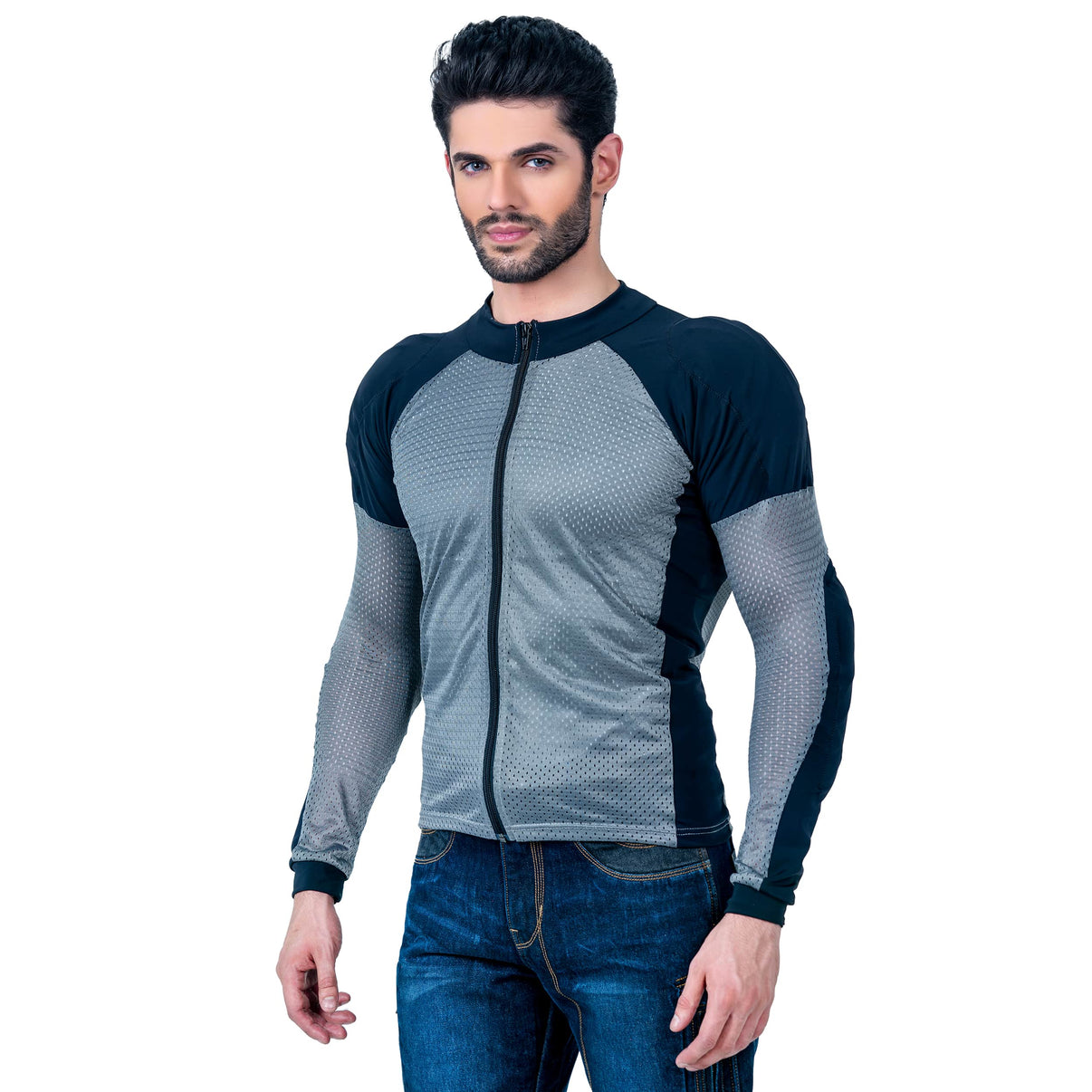 A model wears a grey and black mesh motorcycle riding shirt with a full-length front zip