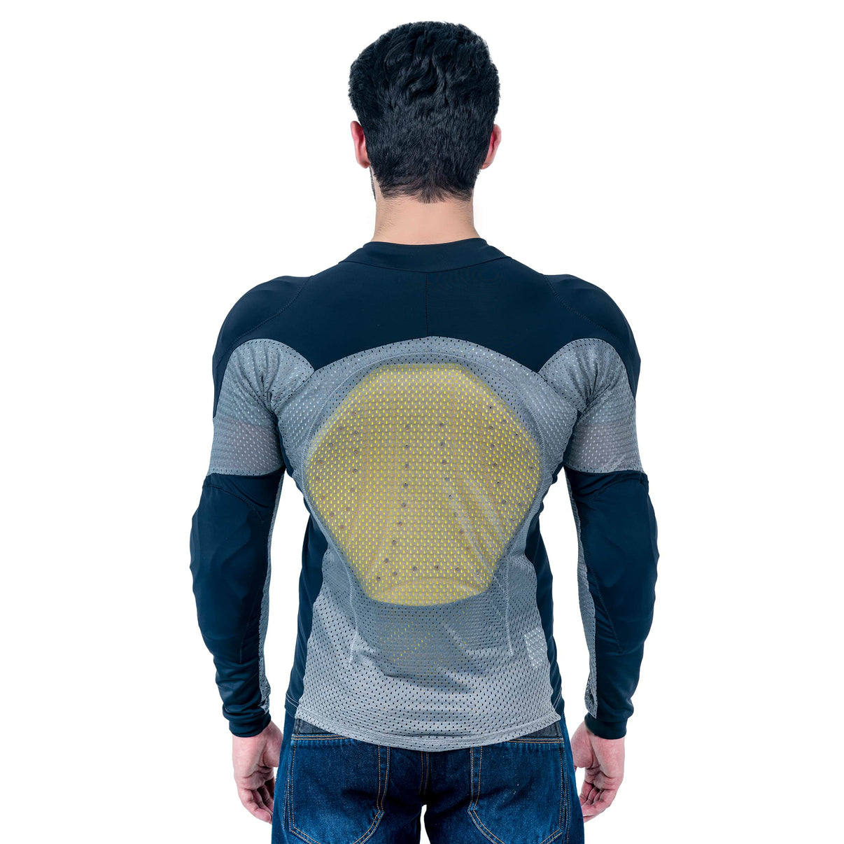 A model wears a black and grey mesh motorcycle riding shirt, showing the back protector and mesh panels