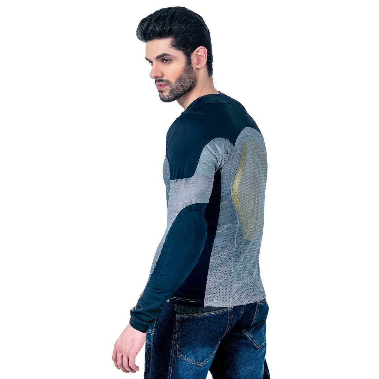 Model wearing a grey and black mesh motorcycle riding shirt with CE Level 2 armor and a back protector