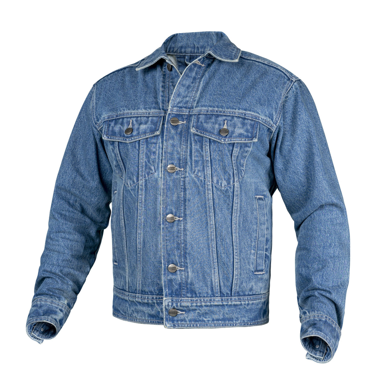 Front view of a blue denim motorcycle jacket featuring chest pockets and button closures