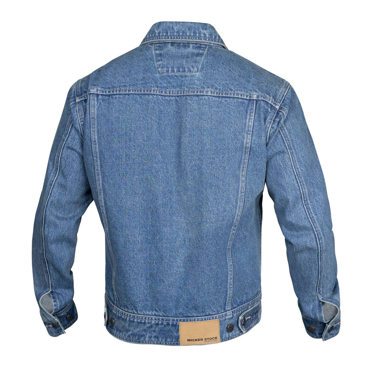 Back view of a blue denim motorcycle jacket showing back panels, collar, and waist buttons