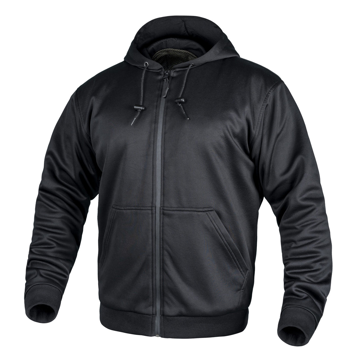 Front view of a black armored motorcycle hoodie with YKK zippers, aramid lining, and CE Level 2 armor