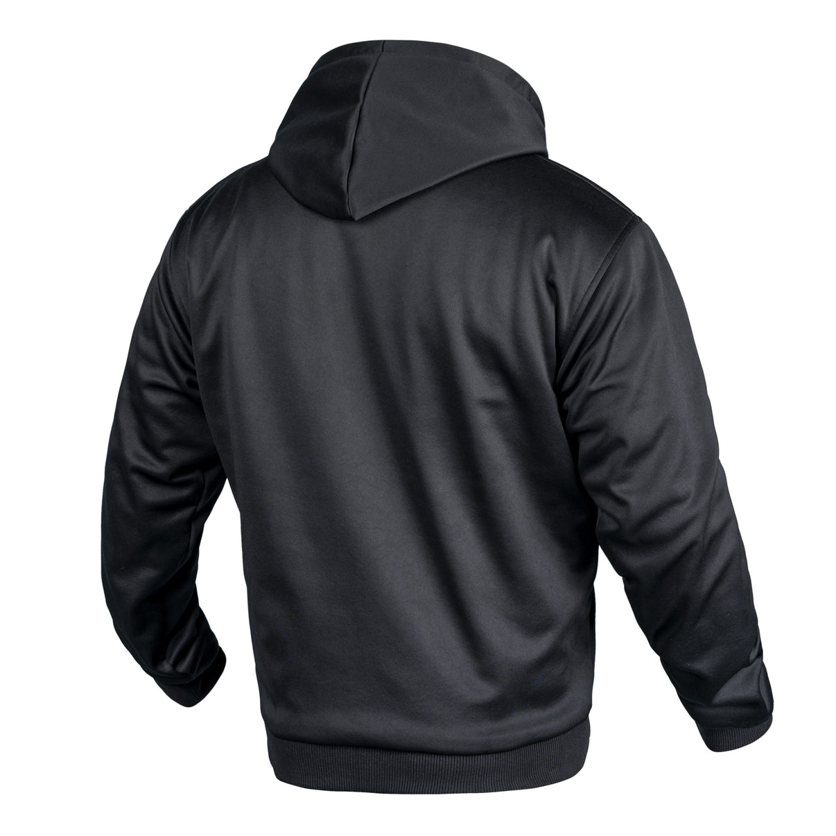 Back view of a black armored motorcycle hoodie with a hood and ribbed cuffs