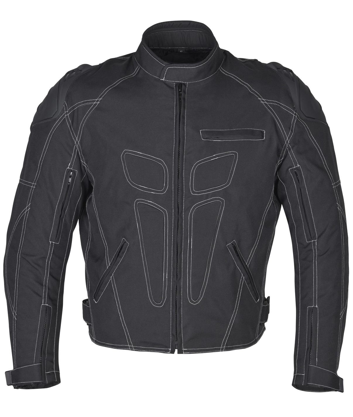 Front view of a Black waterproof textile motorcycle jacket featuring CE armor and a 600D shell