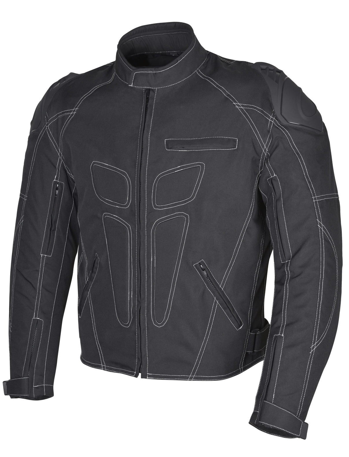 Front view of a waterproof 600D black textile motorcycle jacket featuring CE armor and zipped pockets