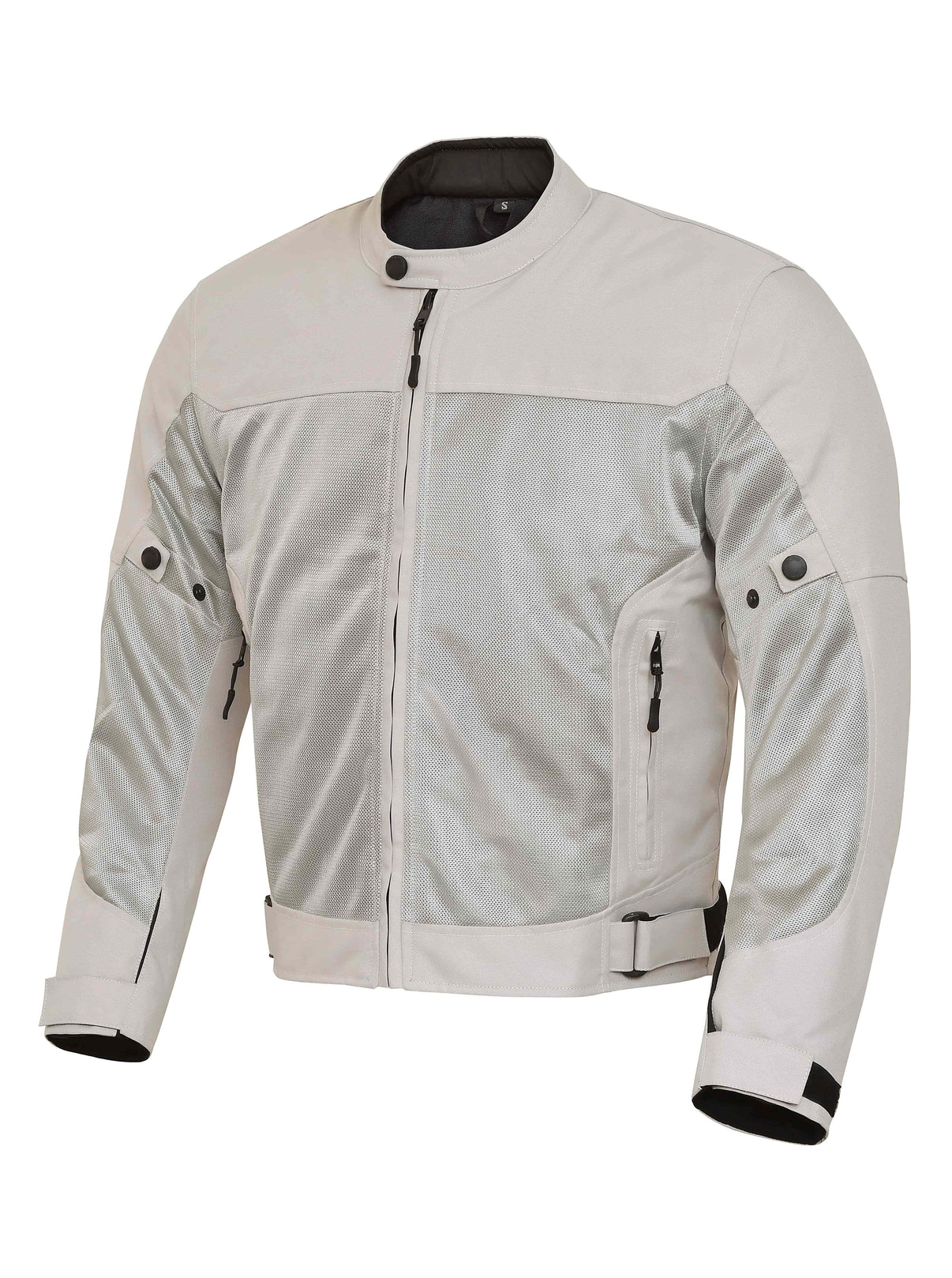 Front view of a silver-gray mesh motorcycle jacket featuring YKK zippers and mesh panels