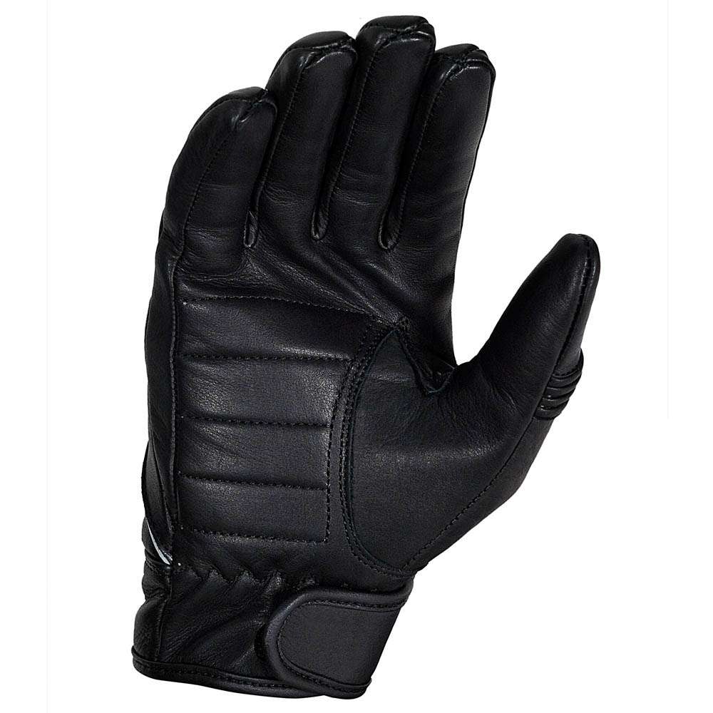 Front view of black leather motorcycle gloves featuring double stitching and stretch panels