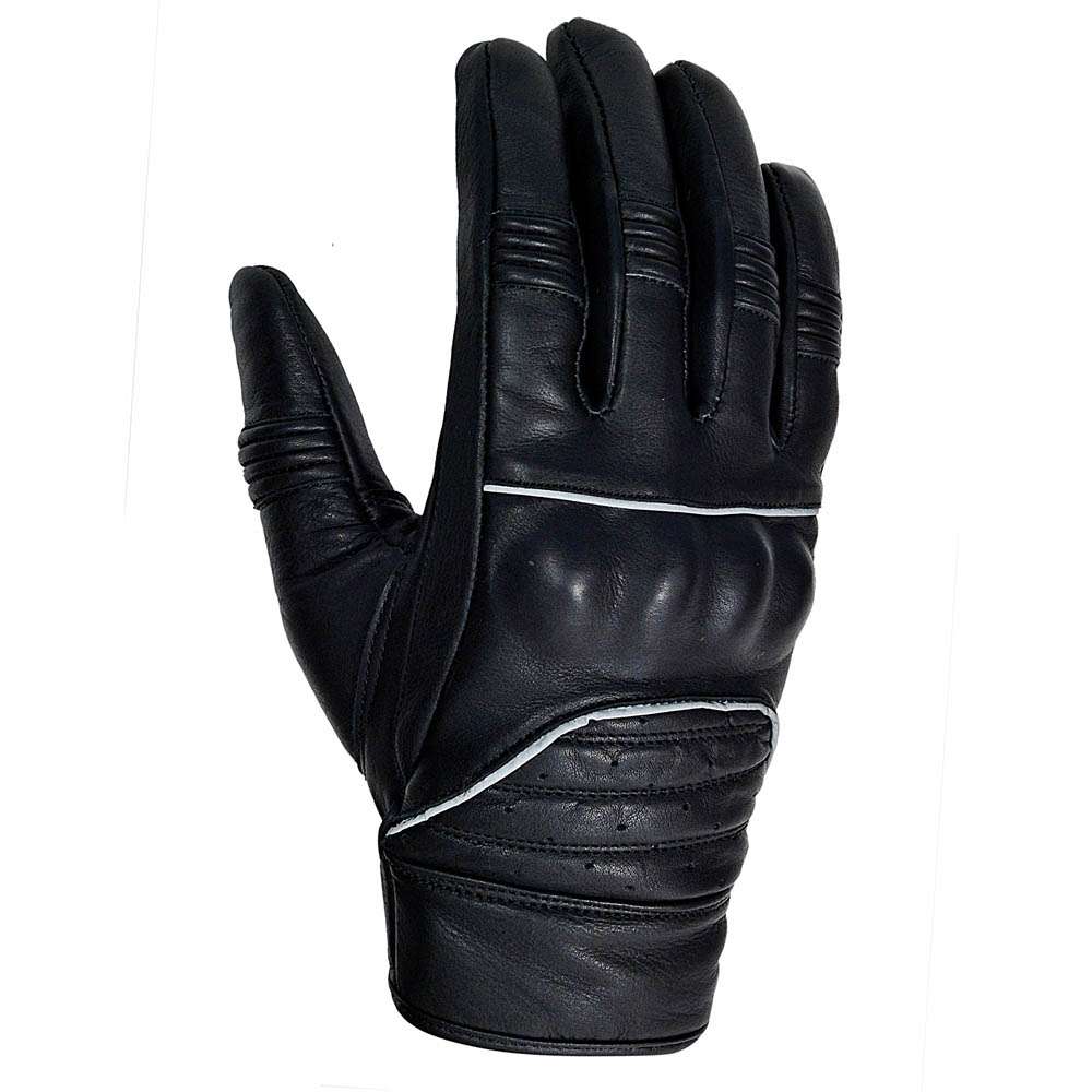Front view of black leather motorcycle gloves featuring stretch panels and double stitching