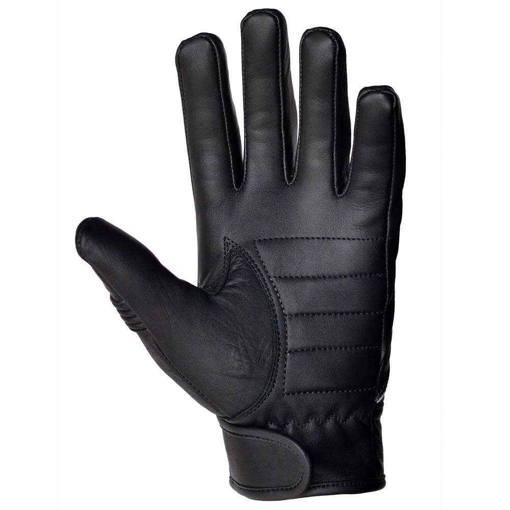 Front view of black leather motorcycle gloves featuring double stitching and stretch panels