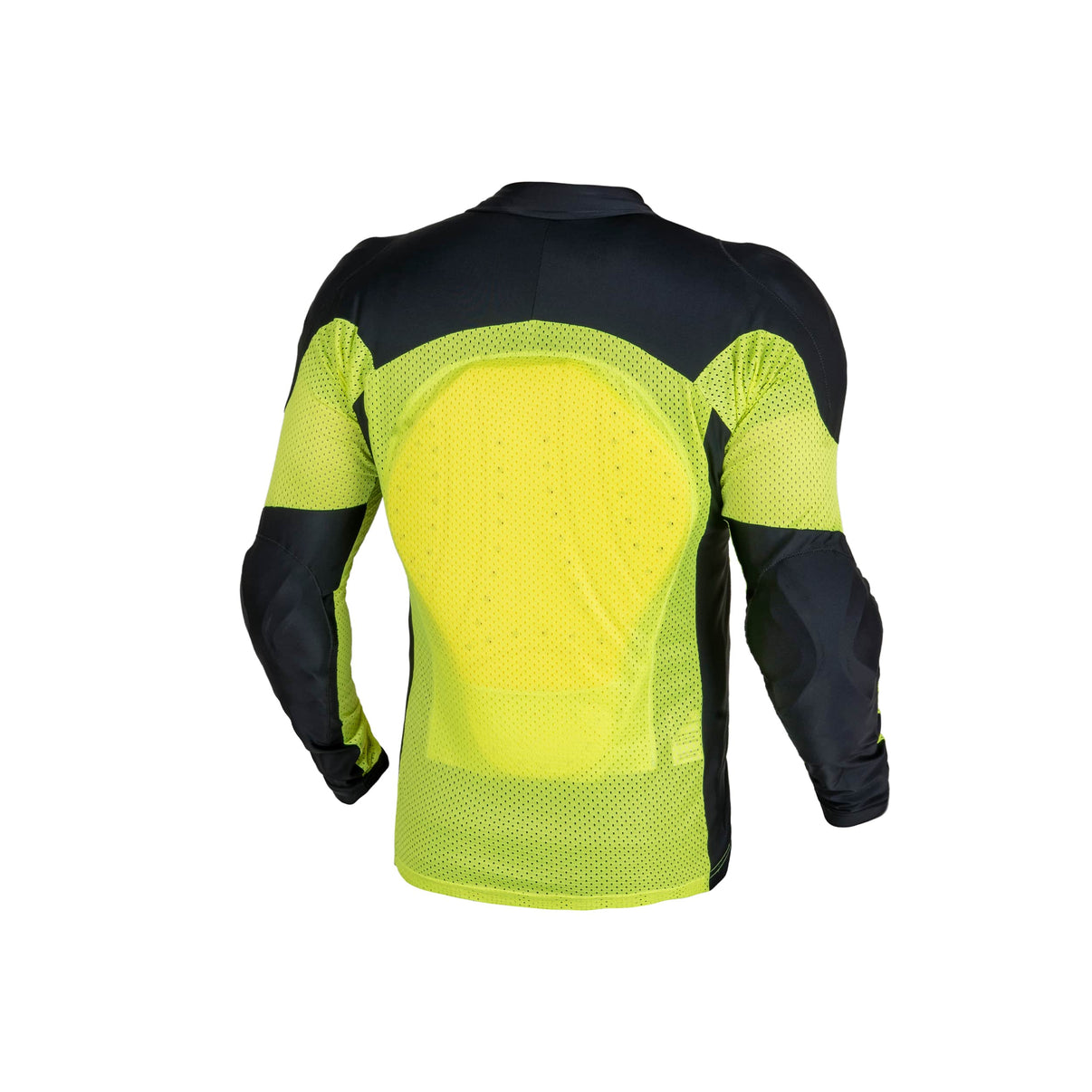 Back view of a black and yellow mesh motorcycle riding shirt featuring a back protector and mesh panels
