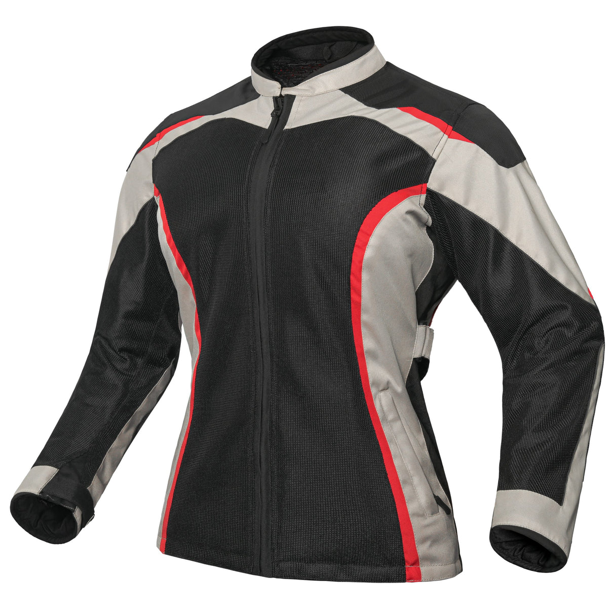 Three-quarter front view of a black, grey, and red mesh motorcycle jacket with YKK zippers
