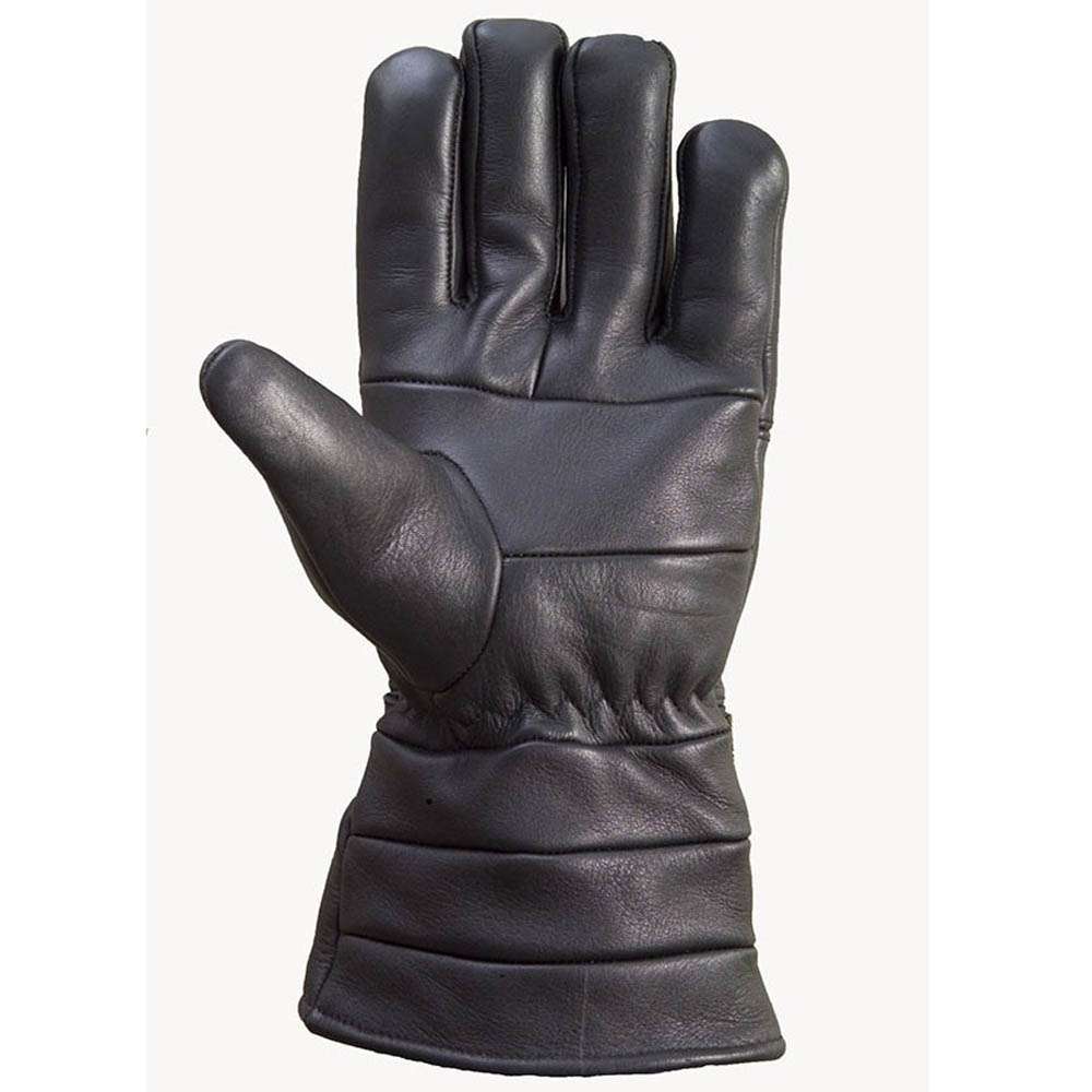 Front view of black leather motorcycle gloves with paneling and a long cuff