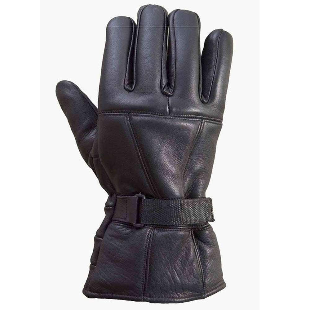 Front view of black leather motorcycle gloves featuring panels, stitching, and a wrist strap