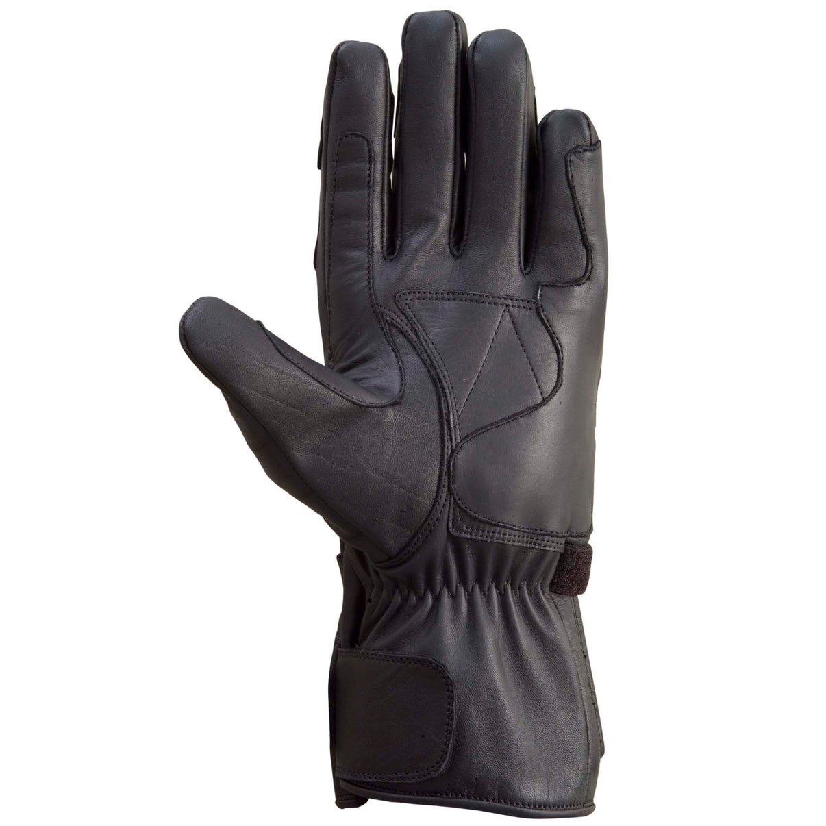 Black cowhide leather motorcycle gloves shown from the front with a wrist strap and stitched panels