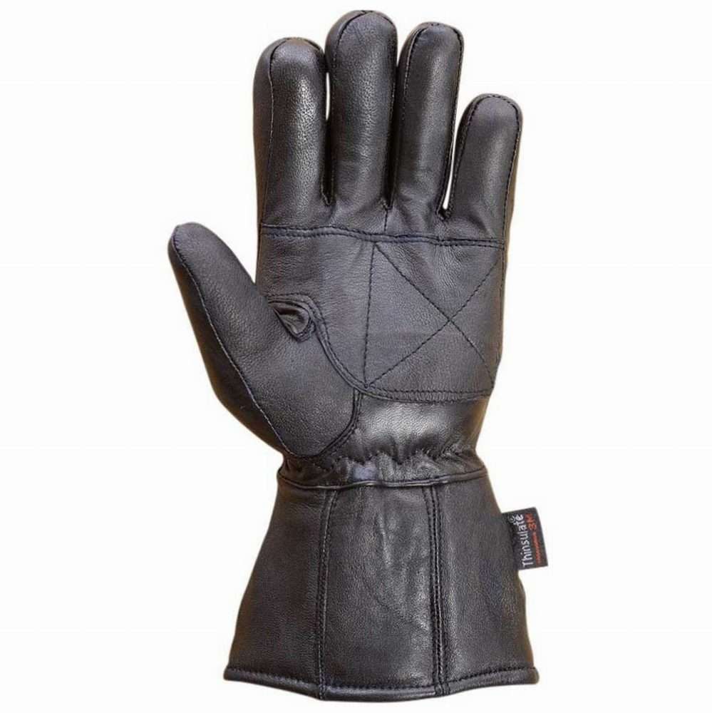 Front view of black sheep leather motorcycle gloves featuring double stitching and a gauntlet cuff