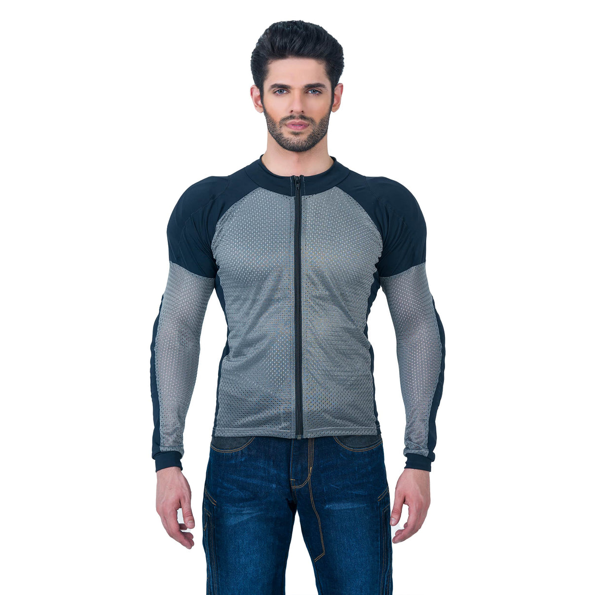 A model wears a grey and black CE Level 2 mesh motorcycle riding shirt