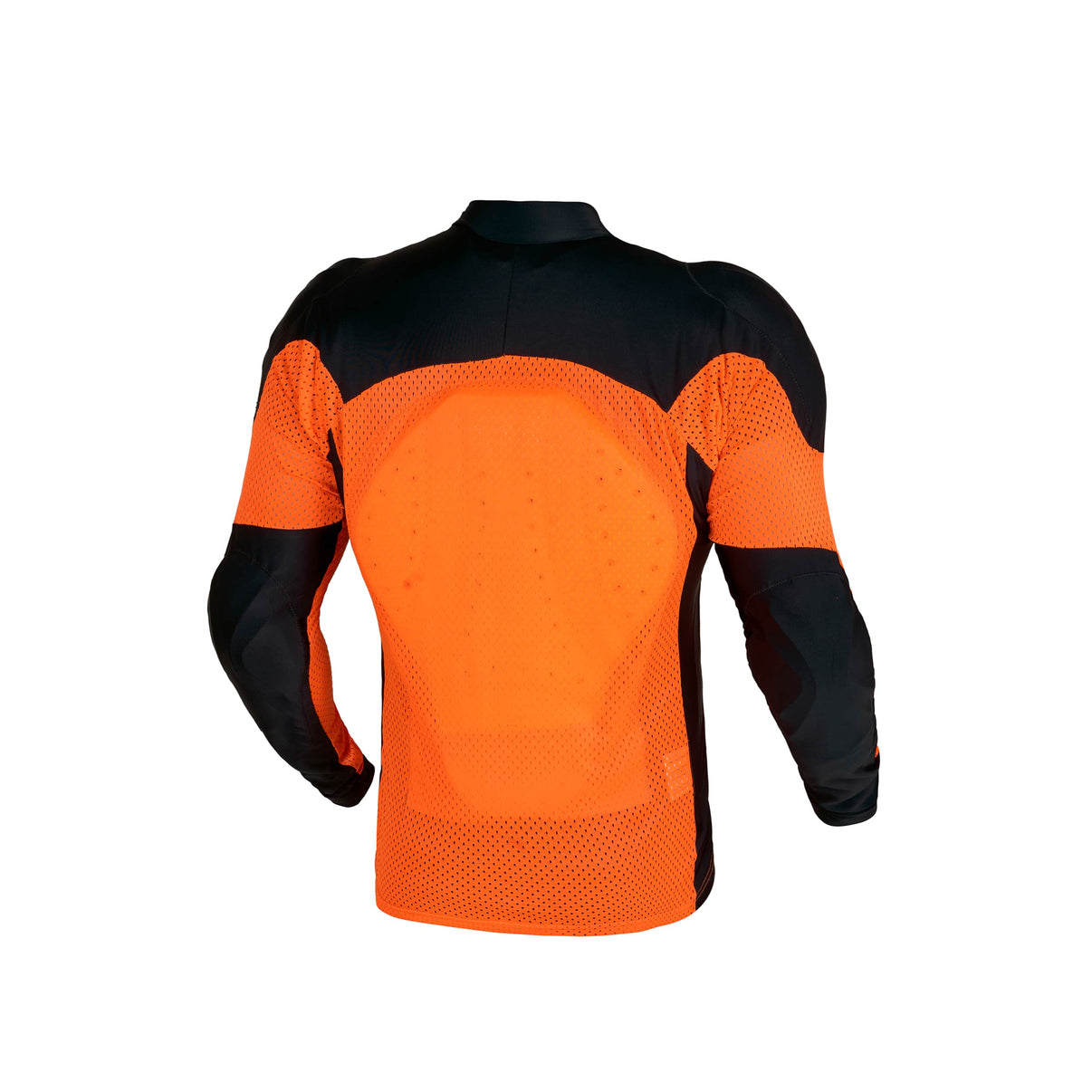 Rear view of an orange and black mesh motorcycle riding shirt featuring CE Level 2 back protector