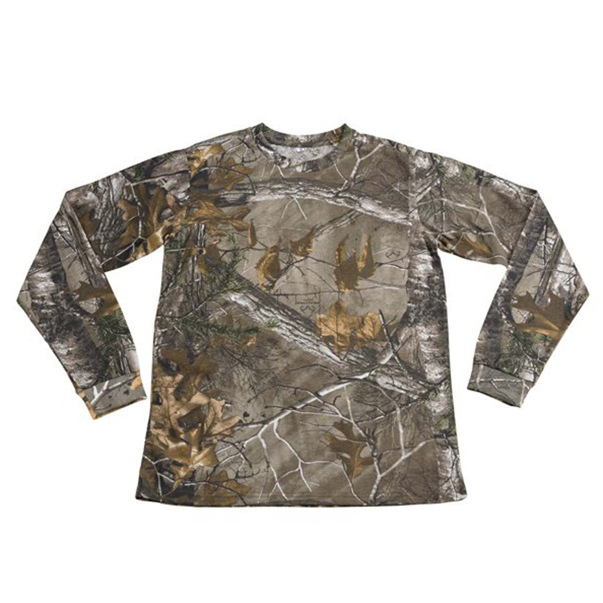 Front view of a 100% cotton camo hunting shirt with cuffs