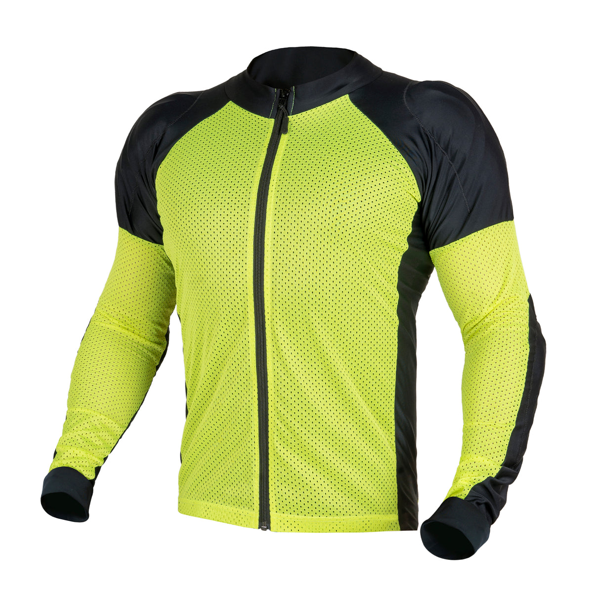Front view of a yellow mesh motorcycle riding shirt with a full-length front zip