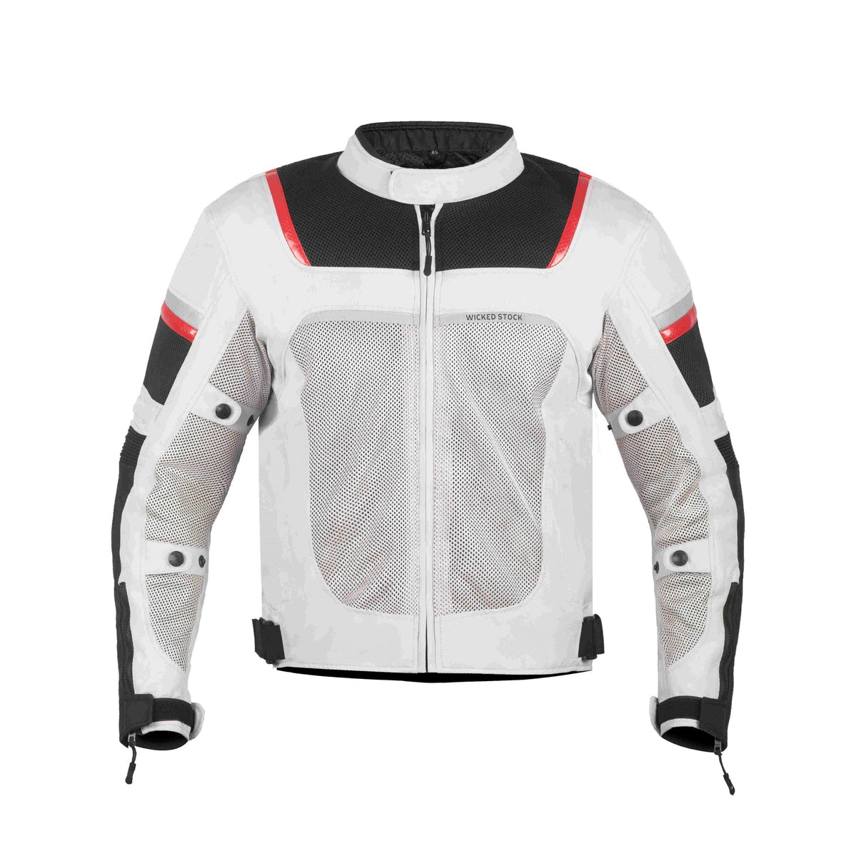 Front view of the gray mesh motorcycle jacket featuring mesh panels, YKK zippers, and CE Level 2 armor
