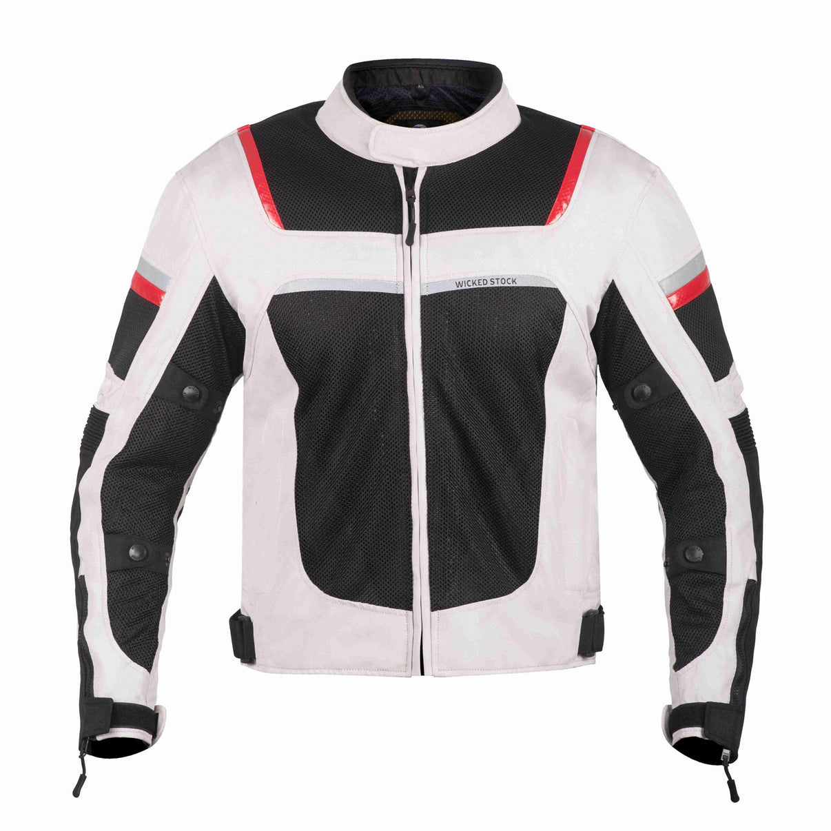 Front view of a Black mesh motorcycle jacket featuring CE Level 2 armor, mesh panels, and YKK zippers