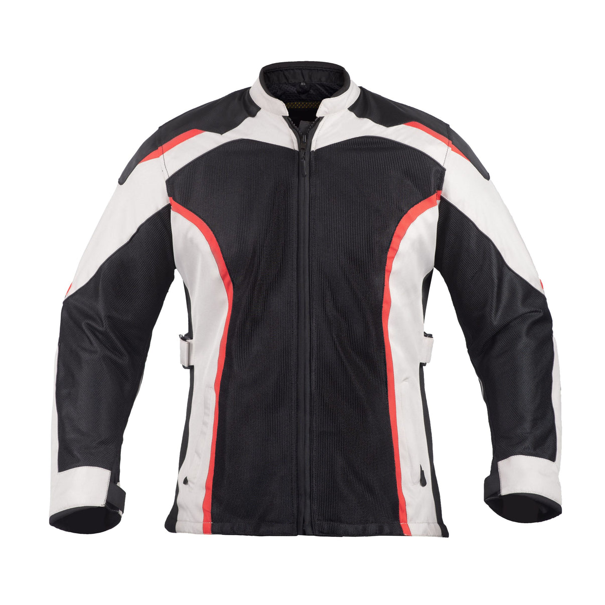 Front view of a black, white, and red mesh motorcycle jacket with YKK zippers