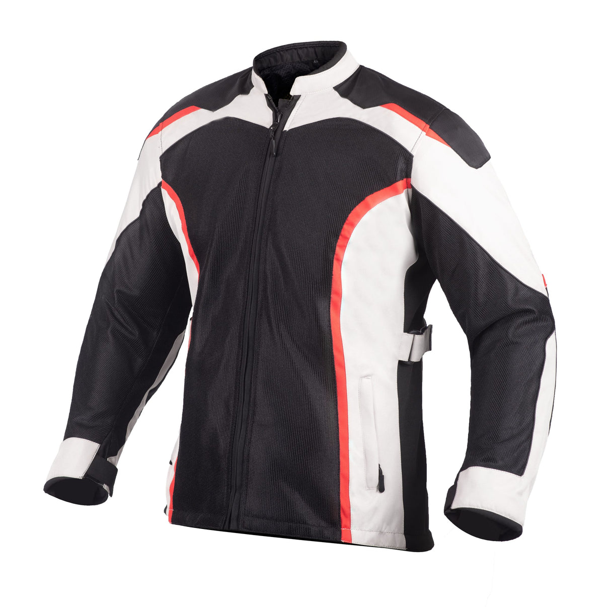 Front view of a black, white, and red mesh motorcycle jacket featuring YKK zippers