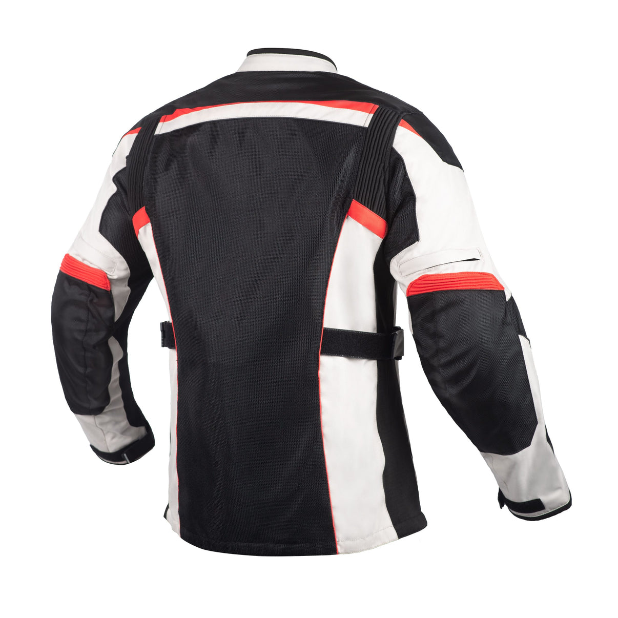 Back view of a black, white, and red mesh motorcycle jacket with 1680D abrasion-resistant panels