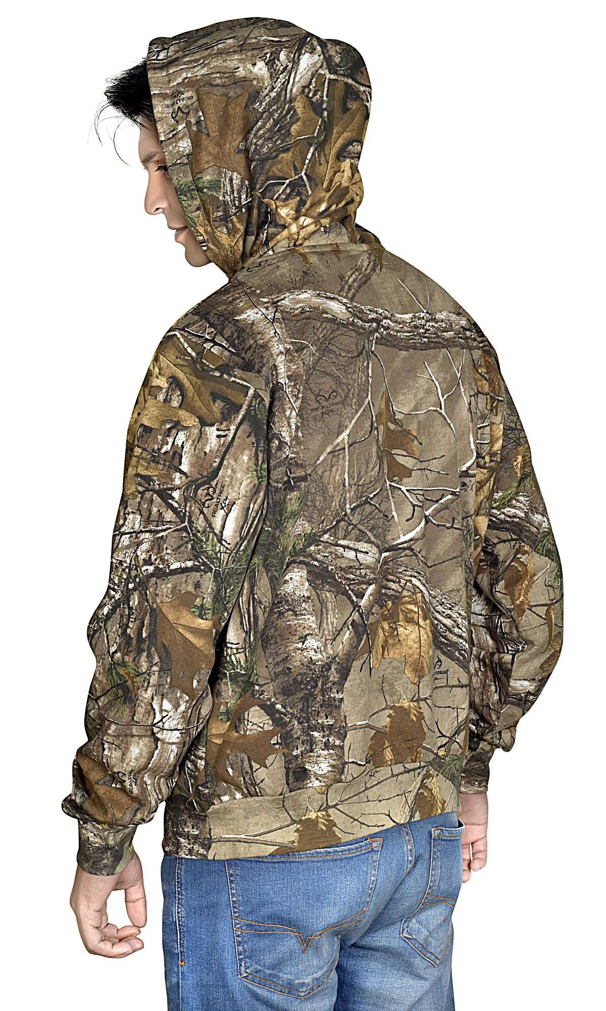 Three-quarter view of a fleece-lined camo armored motorcycle hoodie worn by a model