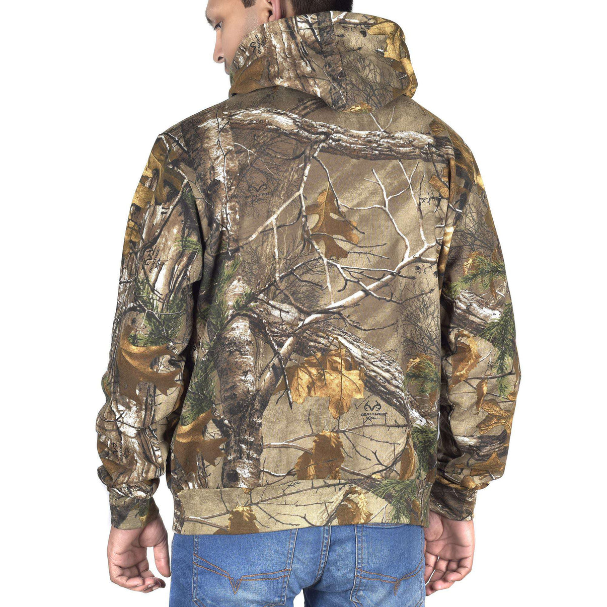 Rear view of a fleece-lined camo armored motorcycle hoodie worn by a model