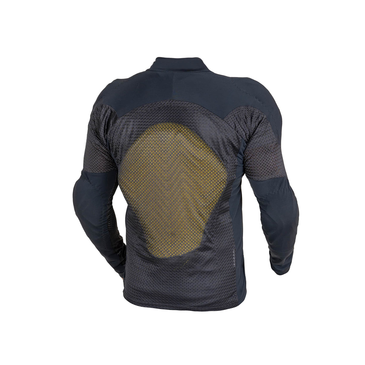 Back view of a black mesh motorcycle riding shirt showing mesh panels and removable CE Level 2 back protector