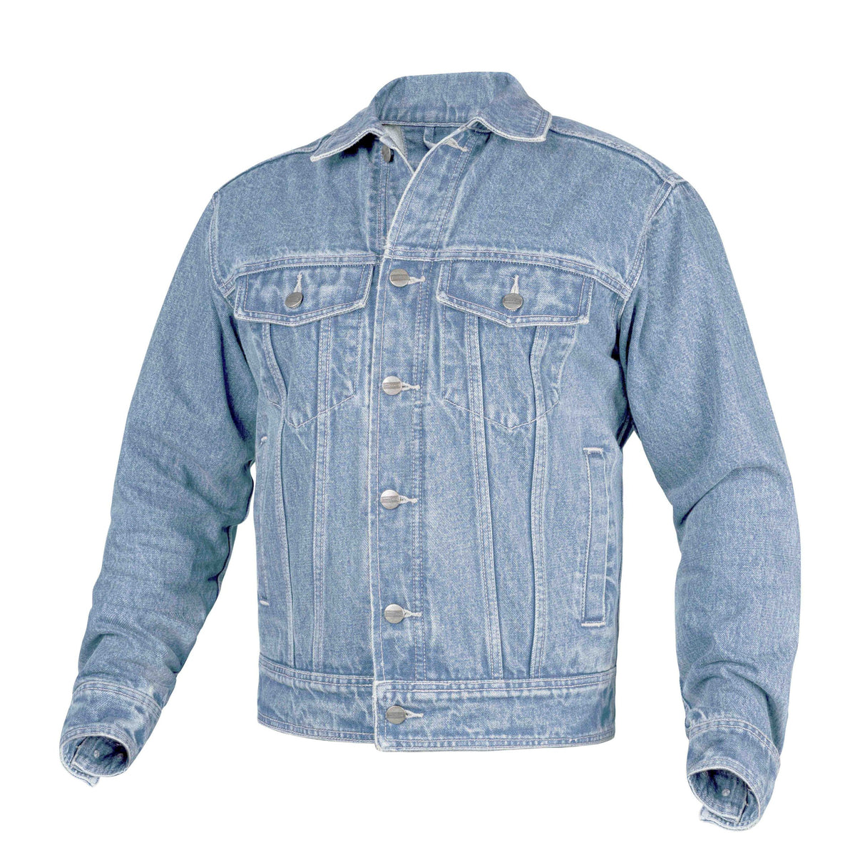 Front view of a Light Blue denim motorcycle jacket featuring front pockets and metal buttons