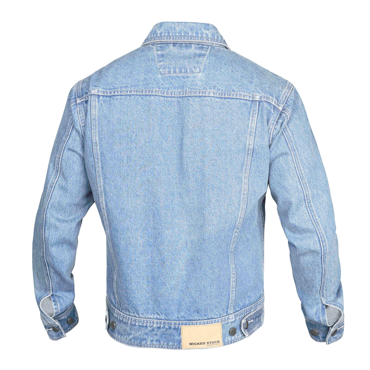 Back view of a blue denim motorcycle jacket featuring a collar, panels, and cuffs