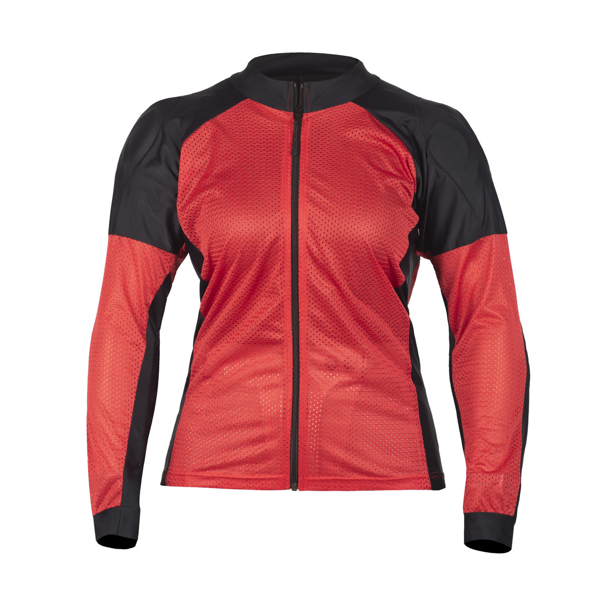 Front view of red mesh motorcycle riding shirt with full-length front zip and mesh panels