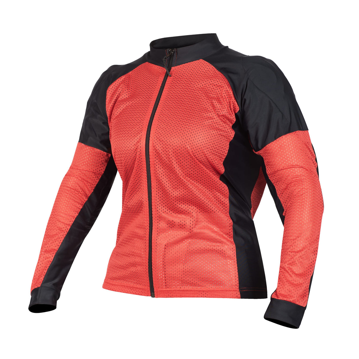 Three-quarter view of a red and black mesh motorcycle riding shirt featuring a full-length front zip