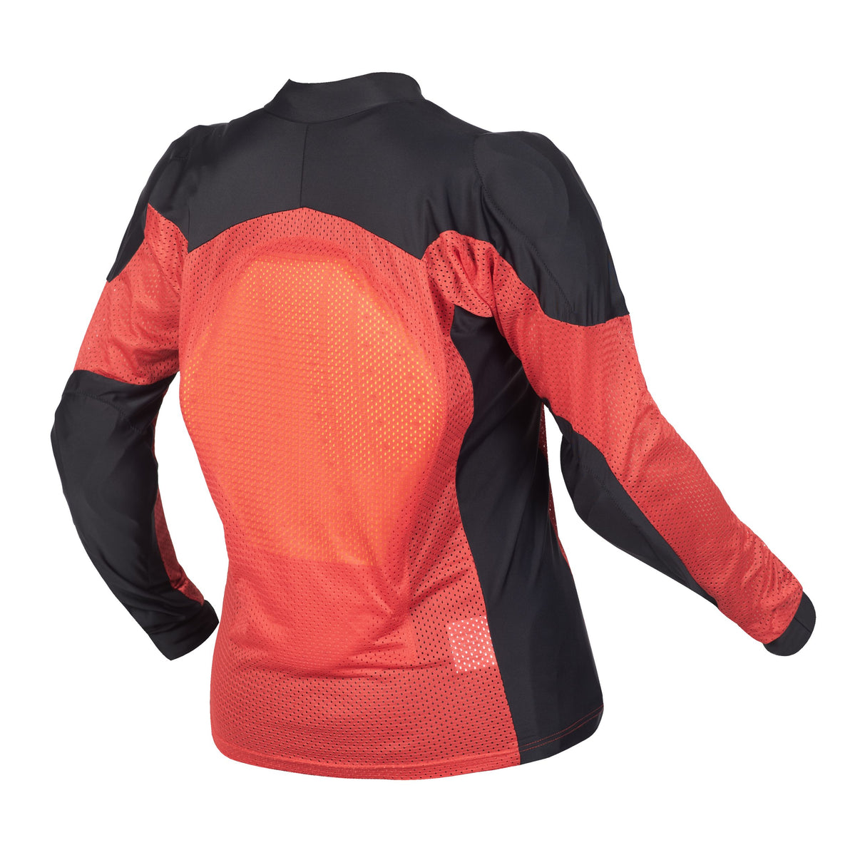 Back view of a red and black mesh motorcycle riding shirt featuring a back protector