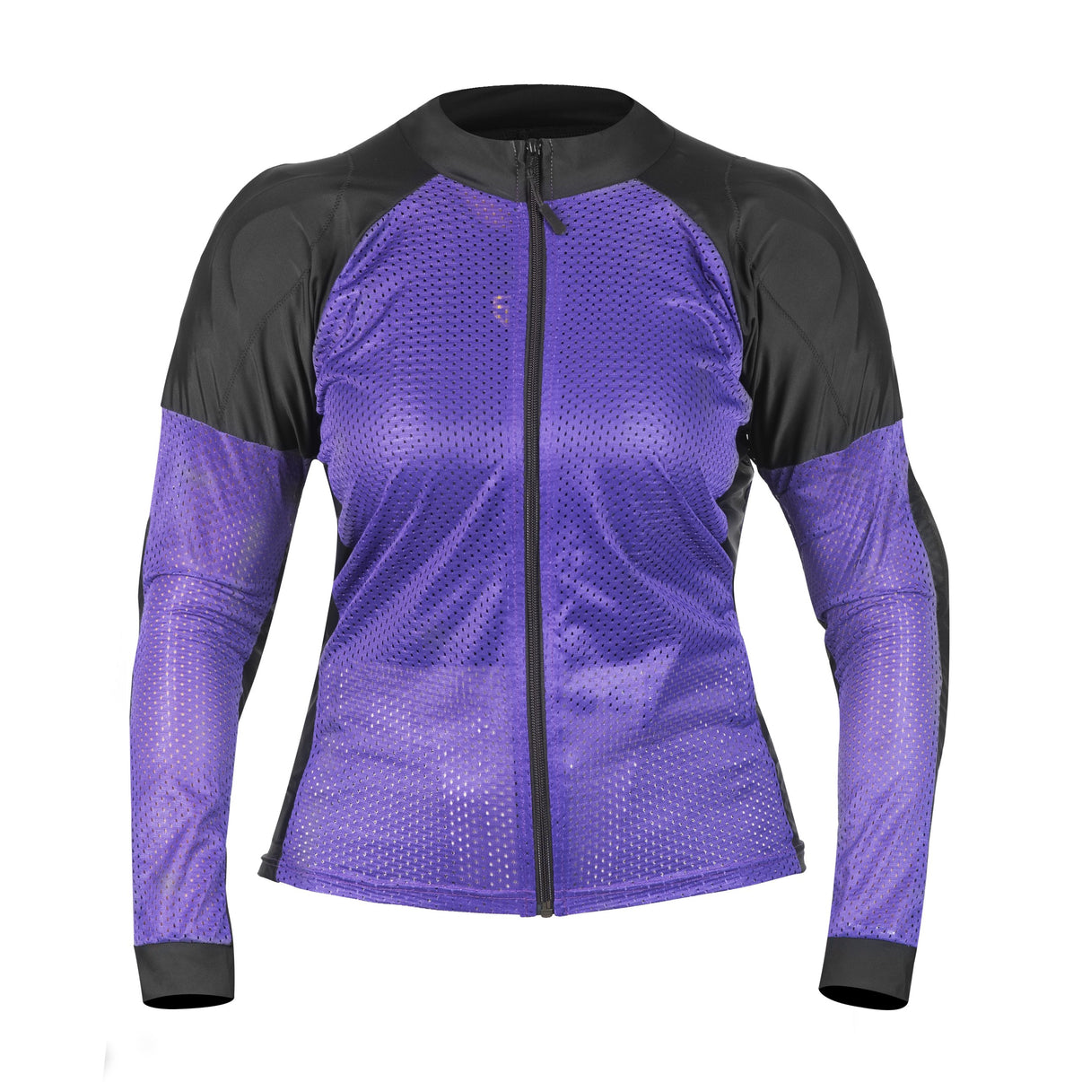 Front view of a purple mesh motorcycle riding shirt with a full-length front zip